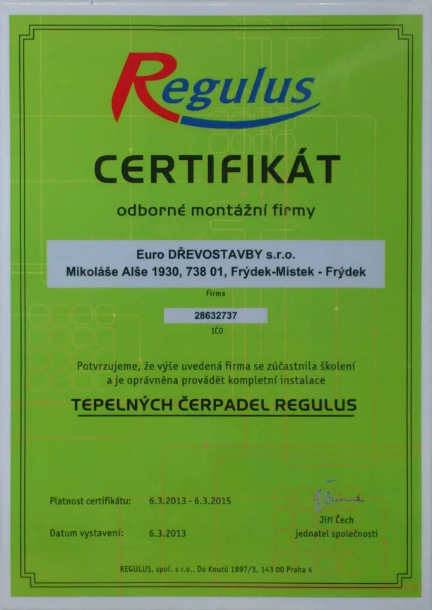 Certifikát Regulus — montáž tepelných čerpadel
