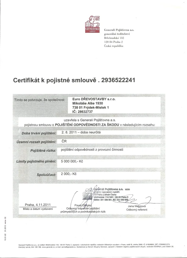 Certifikát Generali — pojištění odpovědnosti za škodu