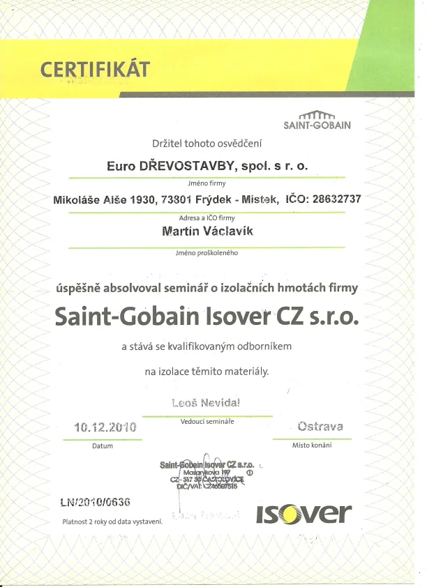 Certifikát Saint-Gobain Isover — odborník na izolace