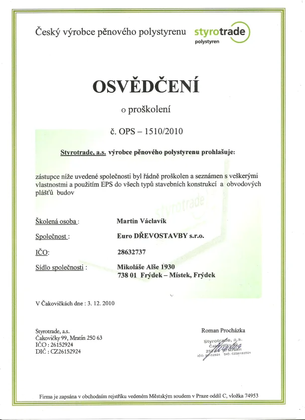 Certifikát Styrotrade — proškolení pro pěnový polystyren (EPS)