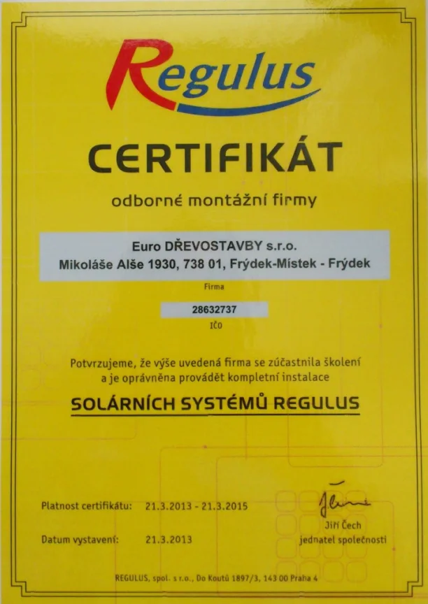 Certifikát Regulus — montáž solárních systémů