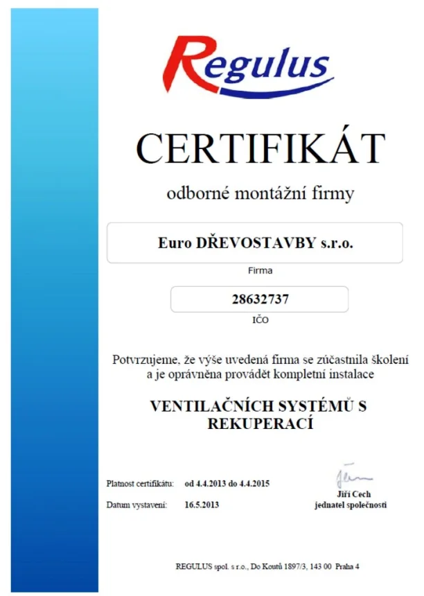 Certifikát Regulus — ventilační systémy s rekuperací
