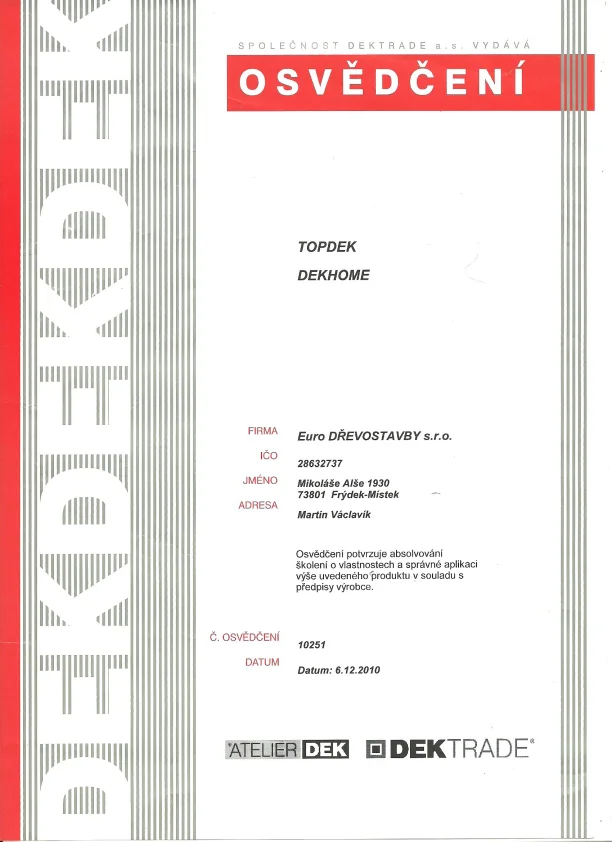 Certifikát DEKTRADE — osvědčení TOPDEK a DEKHOME