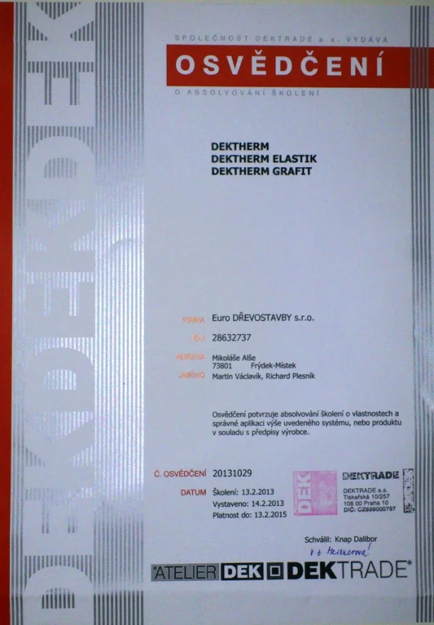 Certifikát DEKTRADE — osvědčení DEKTHERM