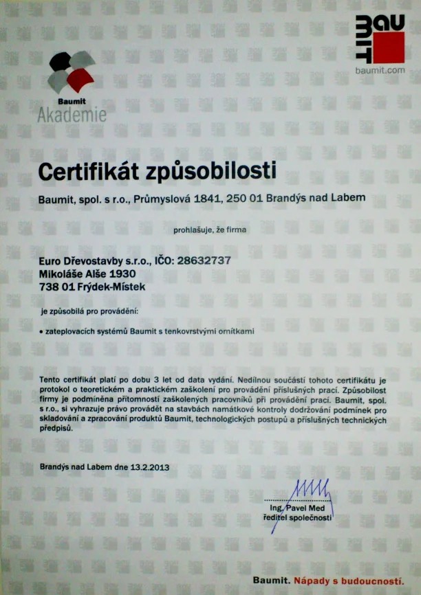 Certifikát Baumit — certifikát způsobilosti pro zateplení