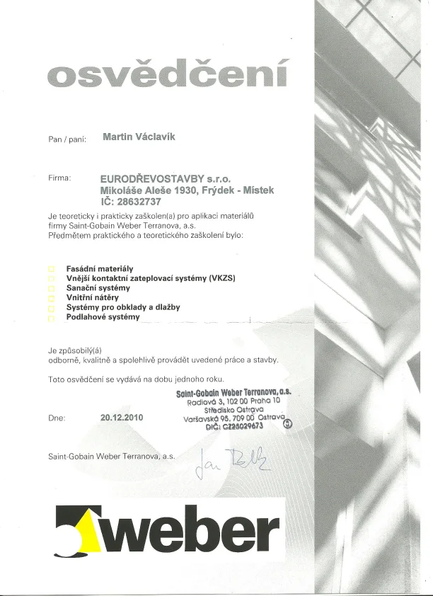 Certifikát Saint-Gobain Weber — fasádní a zateplovací systémy