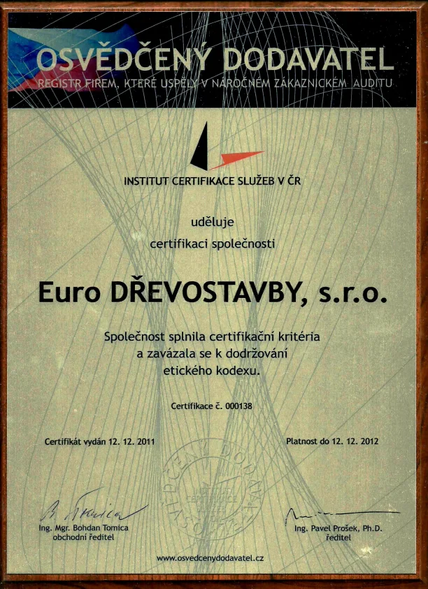 Certifikát Osvědčený dodavatel — Institut certifikace služeb ČR