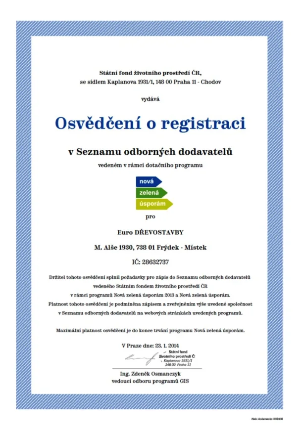 Certifikát Osvědčení o registraci — Seznam odborných dodavatelů